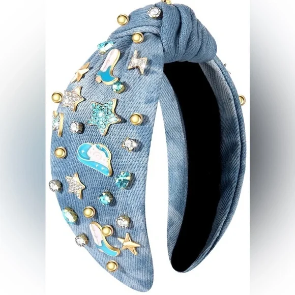 Gorgeous Cowgirl Knotted Denim Rhinestone Headband Denim Jeweled Yeehaw Knotted Headband, Embellished Knotted  main image 4